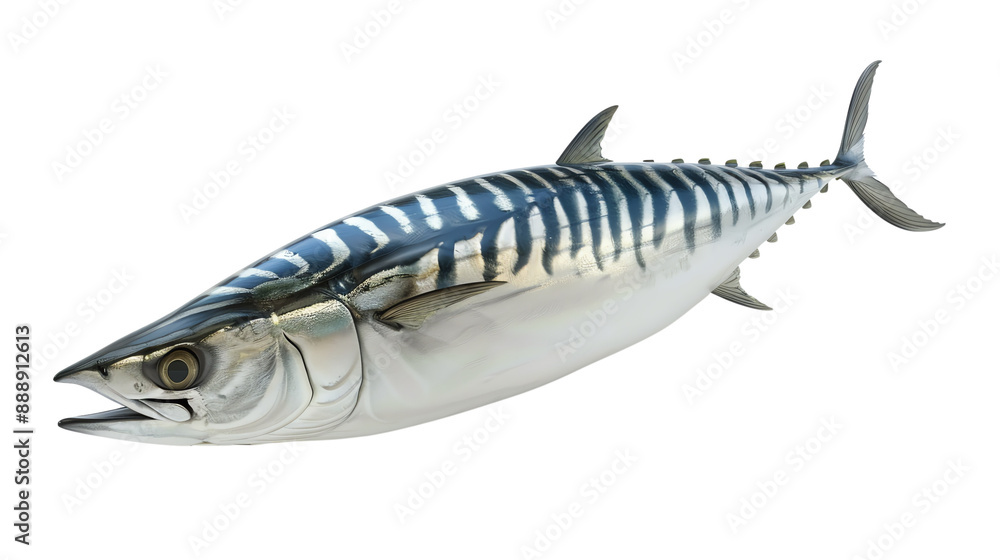 High-quality image of a fresh mackerel fish with vibrant silver scales and distinctive patterns, isolated on white background. High-quality image of a fresh mackerel fish with vibrant silver scales and distinctive patterns, isolated on white background.
