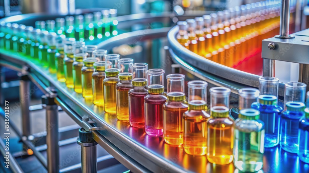 Row of transparent medical vials filled with colored liquids and labels move along metallic conveyor belt under bright lighting. Row of transparent medical vials filled with colored liquids and labels move along metallic conveyor belt under bright lighting.