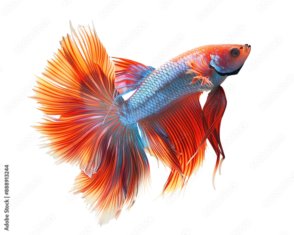 Fototapeta premium Vibrant and colorful Betta fish with flowing fins and vivid colors is gracefully swimming, isolated on a white background.