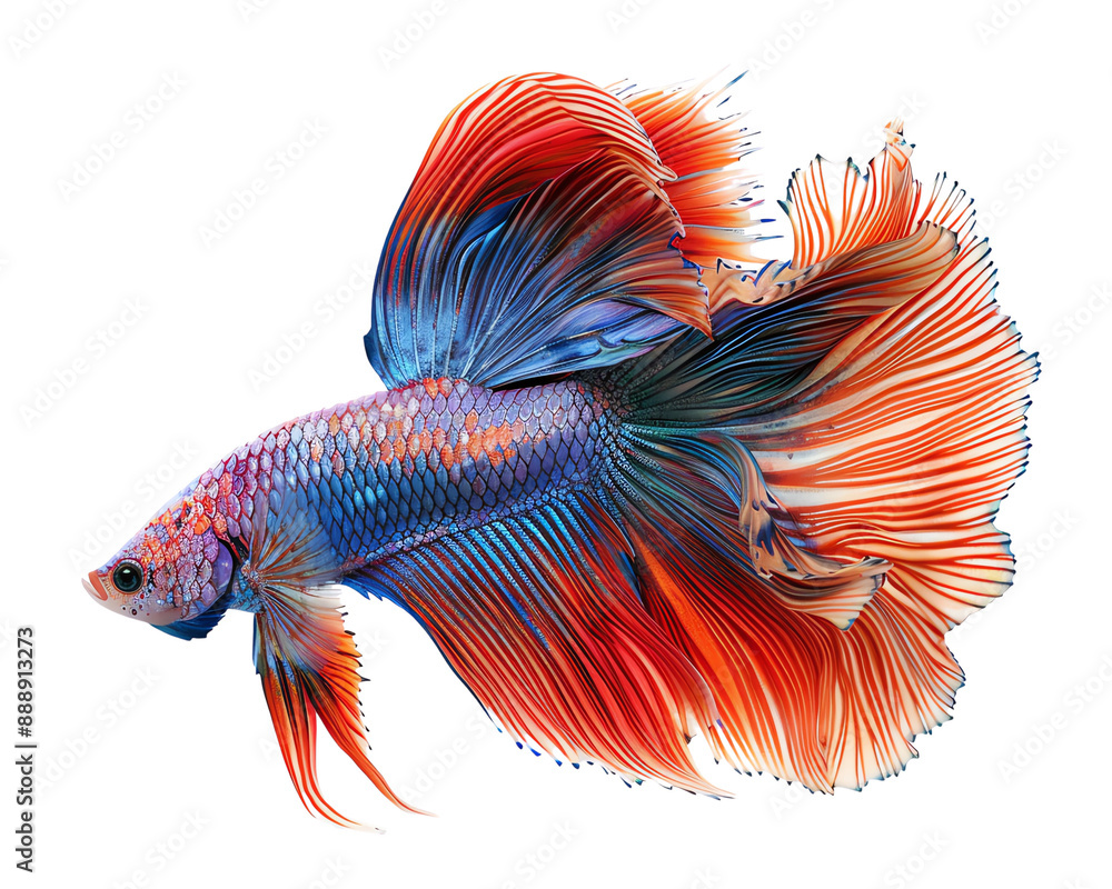 Fototapeta premium Vibrant betta fish with colorful fins swimming in clear water, showcasing its radiant blue and red scales in high detail.