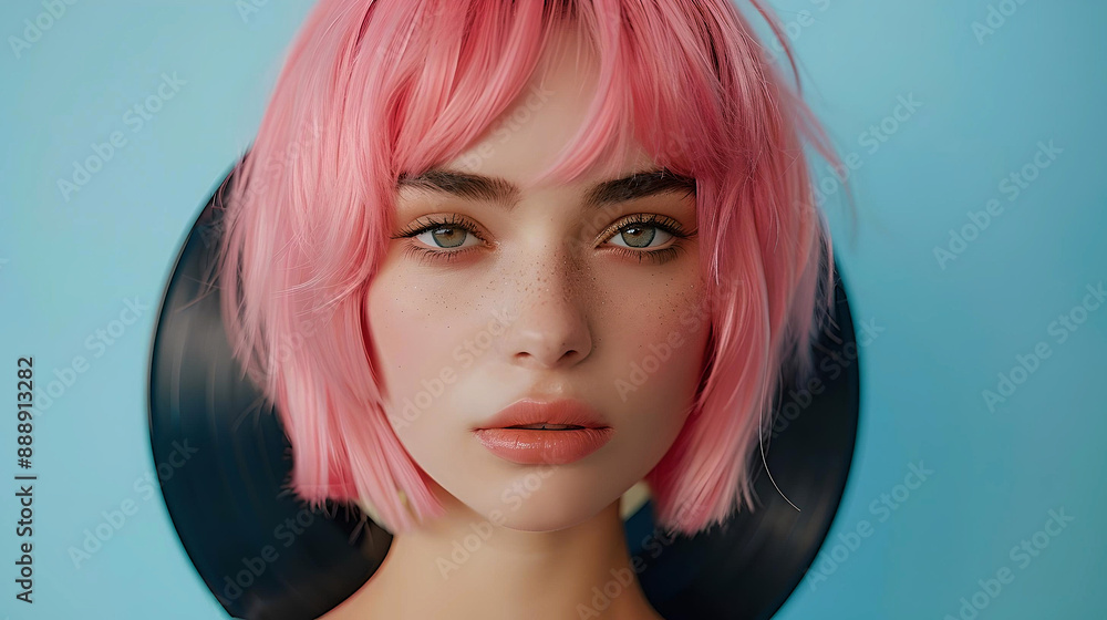 Close-up portrait of a young woman with pink hair and freckled skin against a blue background, showcasing unique style. Close-up portrait of a young woman with pink hair and freckled skin against a blue background, showcasing unique style.