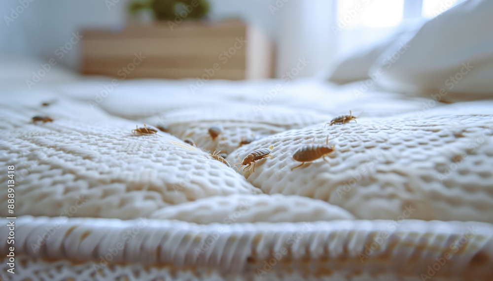 Close-up to a bedbugs on white bed in a motel room, as an insect problem issue Close-up to a bedbugs on white bed in a motel room, as an insect problem issue
