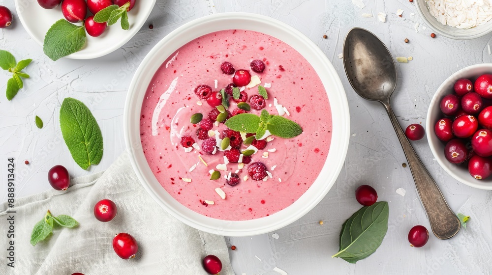 Overhead view of a vibrant smoothie bowl made with fresh cranberries, surrounded by eco-friendly utensils and ingredients, showcasing bold, natural colors Overhead view of a vibrant smoothie bowl made with fresh cranberries, surrounded by eco-friendly utensils and ingredients, showcasing bold, natural colors
