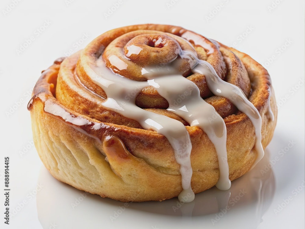 Sweet, tender, and freshly baked cinnamon roll oozes with warm, sticky icing, perfectly placed on a crisp white background, evoking a sense of cozy morning comfort. Sweet, tender, and freshly baked cinnamon roll oozes with warm, sticky icing, perfectly placed on a crisp white background, evoking a sense of cozy morning comfort.