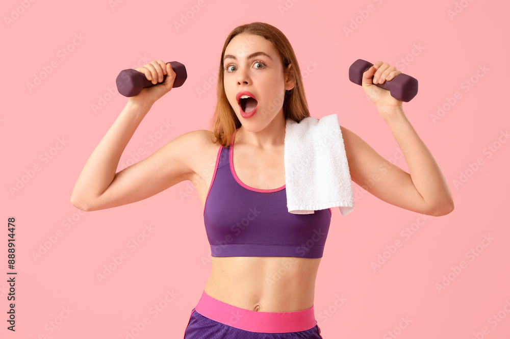 Surprised sporty young woman with dumbbells and towel on pink background. Weight loss concept Surprised sporty young woman with dumbbells and towel on pink background. Weight loss concept