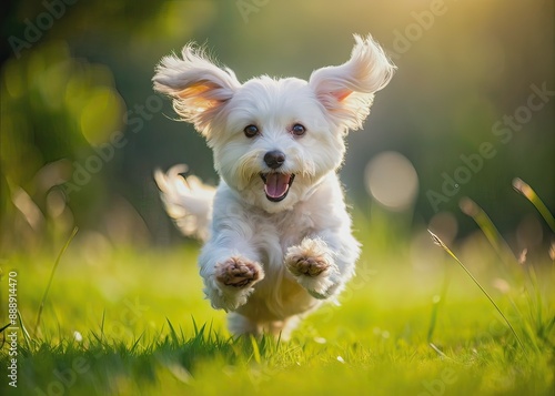 Adorable small white dog with dark eyes and floppy ears leaps over a lush green meadow, capturing the joy of carefree playfulness in nature. photo