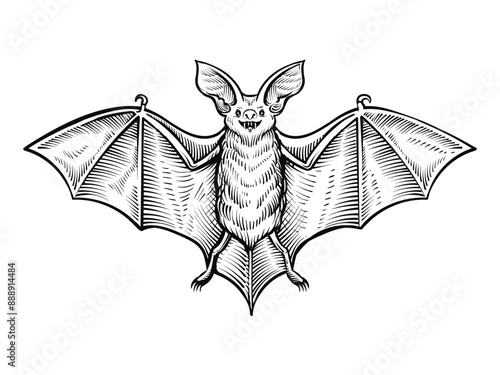 Bat vector sketch, black and white illustration of a flying Halloween vampire.