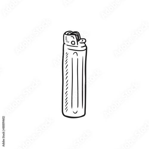 Cigarette slim lighter with fire in black isolated on white background. Hand drawn vector sketch illustration in doodle engraved vintage line art style. Concept of smoking, heat, fire safety