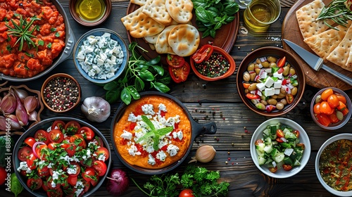 Crystal clear shot of a vibrant Mediterranean mezze spread, various dishes, rustic table,