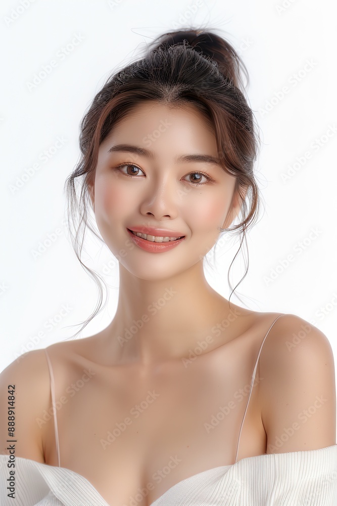 An asian beauty model smile pose in front of a white background An asian beauty model smile pose in front of a white background