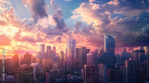 Wallpaper Mural A modern city skyline with skyscrapers against a beautiful sky, capturing the essence of urban development during sunset or sunrise Torontodigital.ca