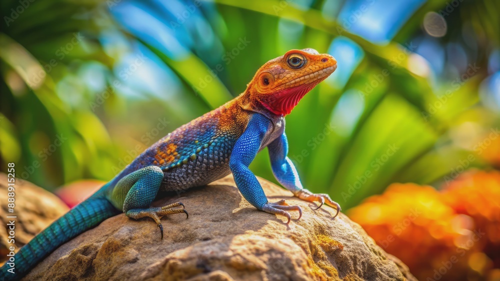 Vibrant Numibian rock agama lizard basks on sun-kissed rock, its scaly skin glistening in warm Reunion Island tropical outdoor setting. Vibrant Numibian rock agama lizard basks on sun-kissed rock, its scaly skin glistening in warm Reunion Island tropical outdoor setting.