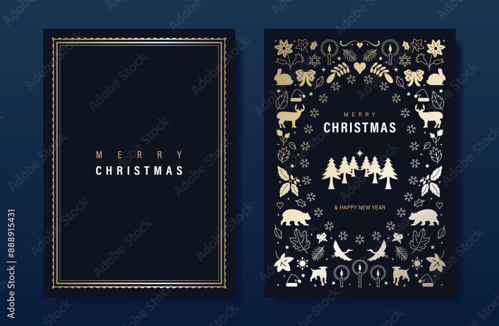 Luxury gold christmas invitation card folk design vector. Christmas tree, reindeer, bear, rabbit, snowflake, frame on navy blue background. Design illustration for cover, print, poster, wallpaper. Luxury gold christmas invitation card folk design vector. Christmas tree, reindeer, bear, rabbit, snowflake, frame on navy blue background. Design illustration for cover, print, poster, wallpaper.