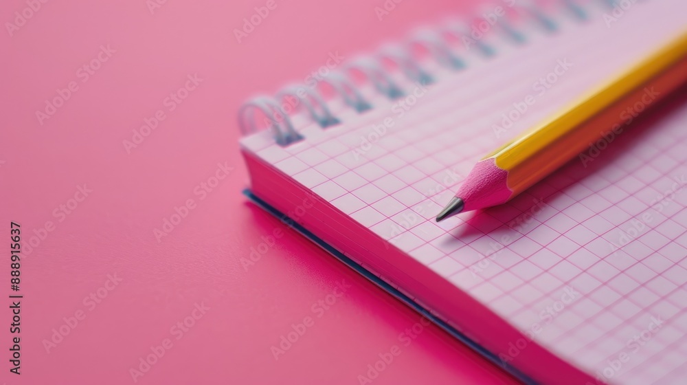 Notepad and pencil on pink background in close up Notepad and pencil on pink background in close up