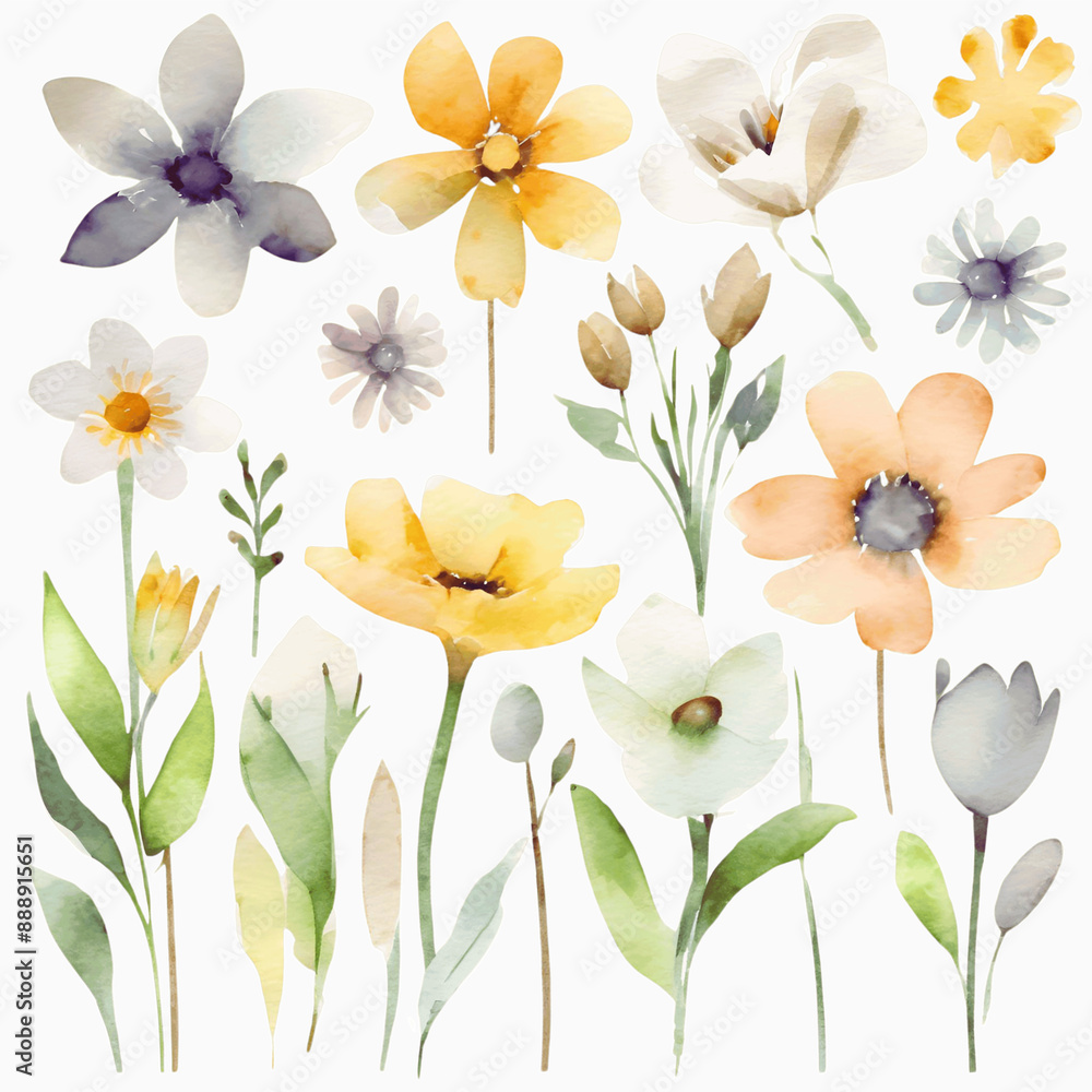 Spring Flowers Clipart Set with Watercolor Texture on Plain White Background - 1 Spring Flowers Clipart Set with Watercolor Texture on Plain White Background - 1