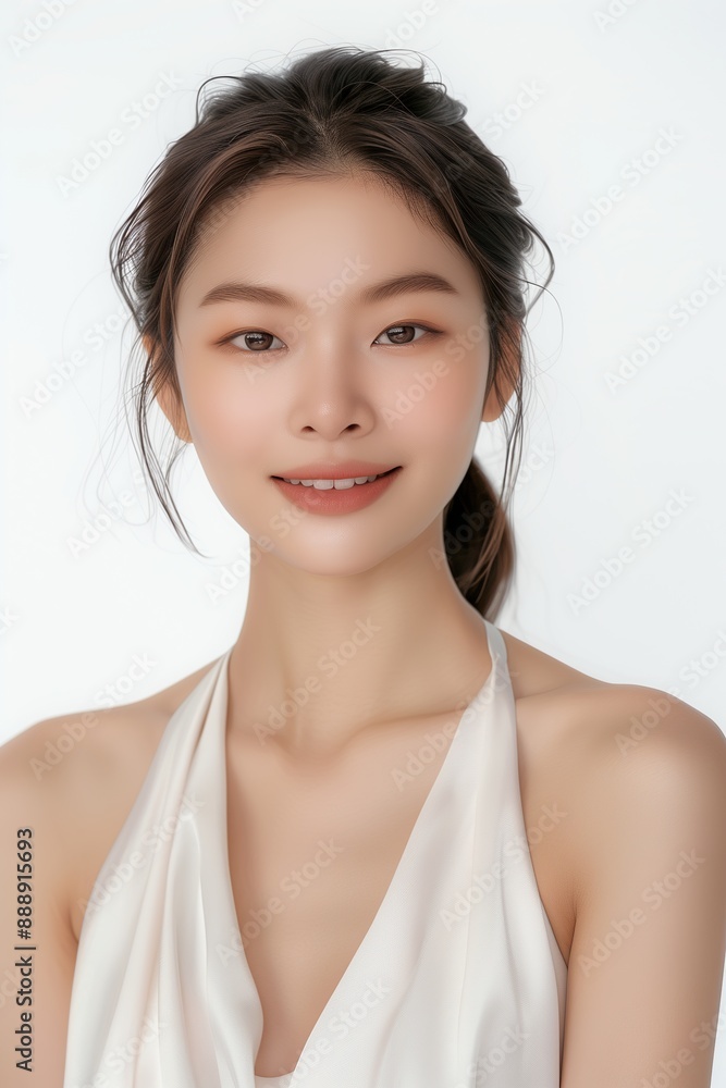 An asian beauty model smile pose in front of a white background An asian beauty model smile pose in front of a white background