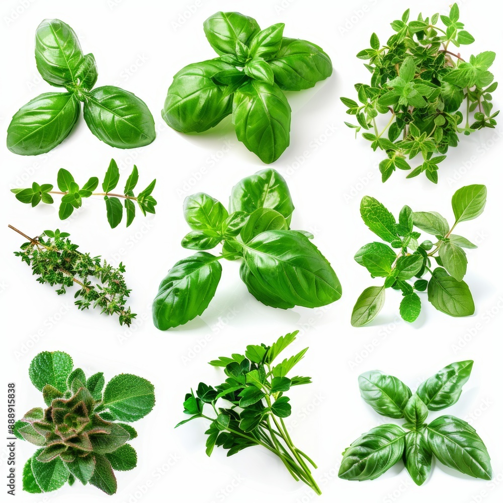 Fresh herbs set isolated, parsley, basil leaves, thyme, mint seasoning, raw green condiment sprig collection Fresh herbs set isolated, parsley, basil leaves, thyme, mint seasoning, raw green condiment sprig collection