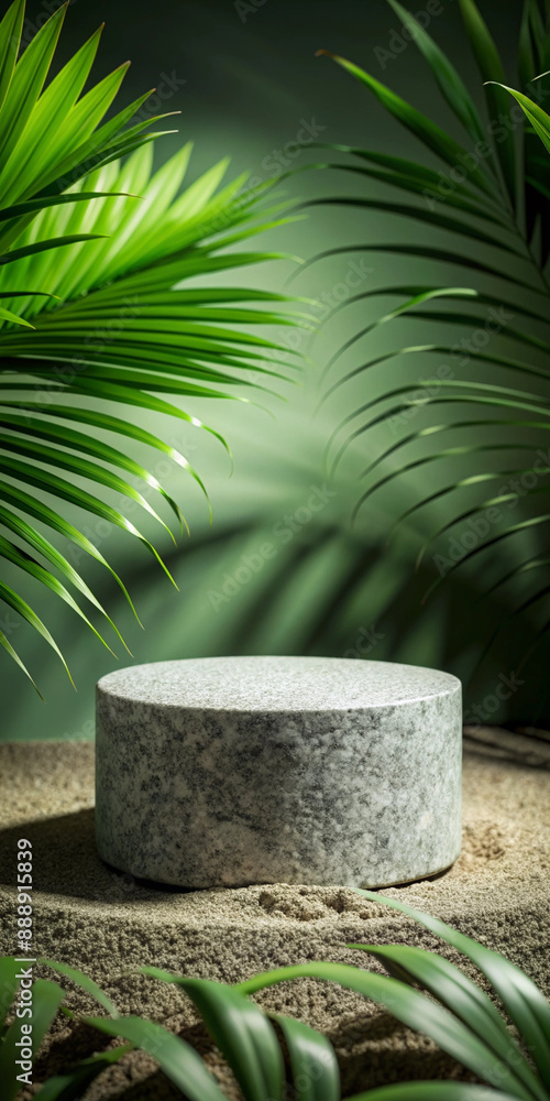 A minimalist 3D rendering of a podium with smooth, white marble surfaces, set against a backdrop of soft, natural lighting and tropical plants. Perfect for product displays A minimalist 3D rendering of a podium with smooth, white marble surfaces, set against a backdrop of soft, natural lighting and tropical plants. Perfect for product displays