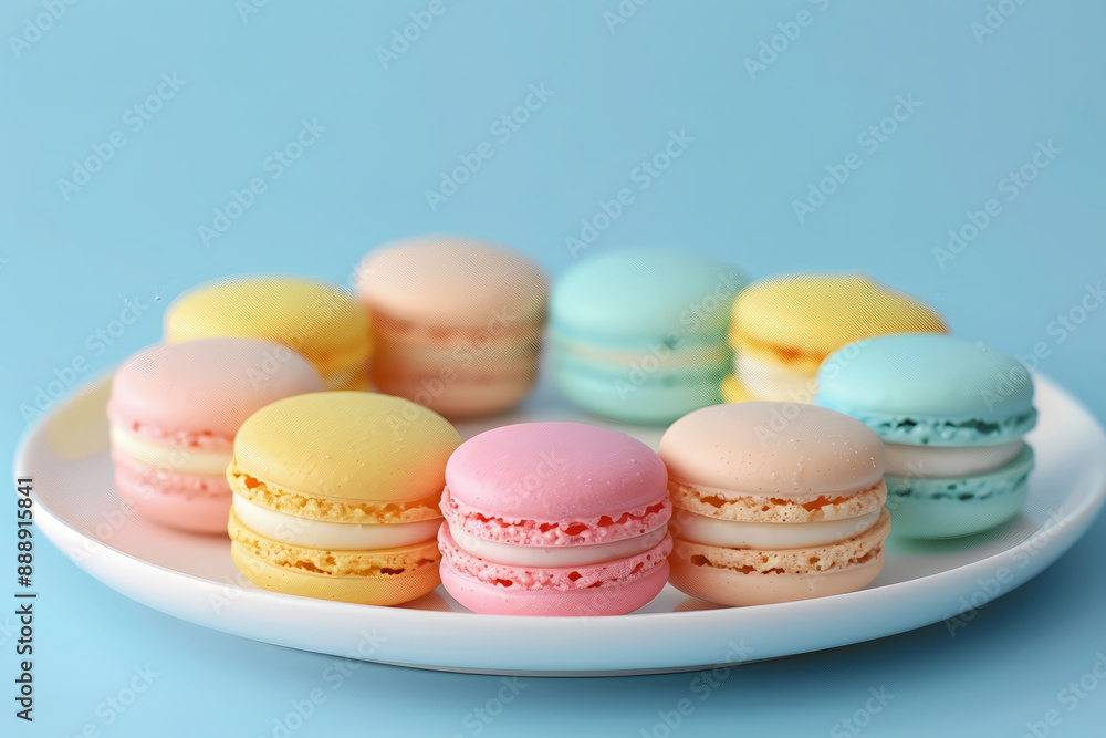 Obraz premium A plate of French macarons in various pastel color 11 1 baking, baking cup, cake, color, cuisine, cupcake, dessert, food, fruit, furniture, high-key, macaroon, on1 keyword ai, orange, table, vivid, wa