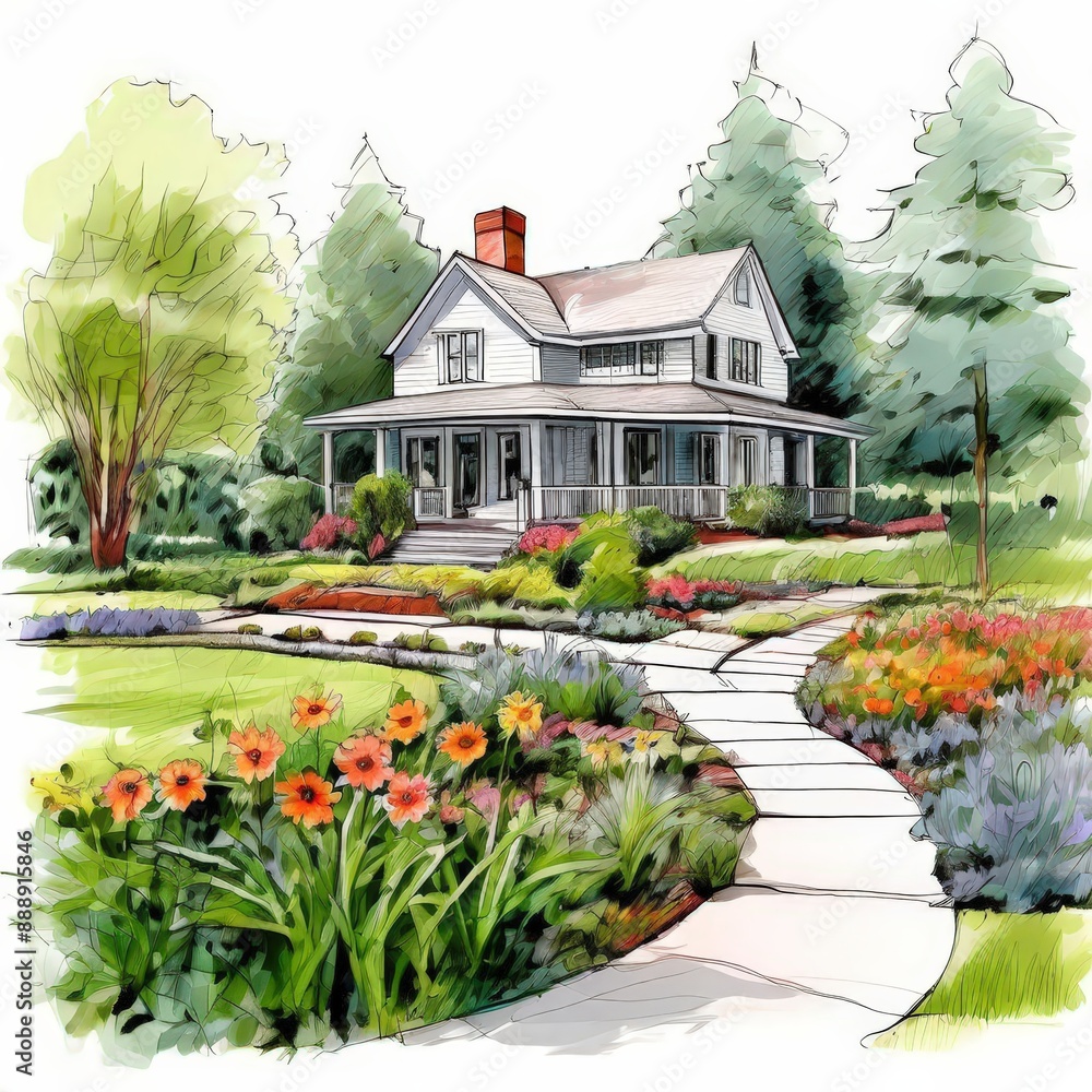 Obraz premium the AI Image Generator, Draw a peaceful scene of a craftsman home with a neatly landscaped garden, capturing the essence of architectural beauty from an elevated viewpoint