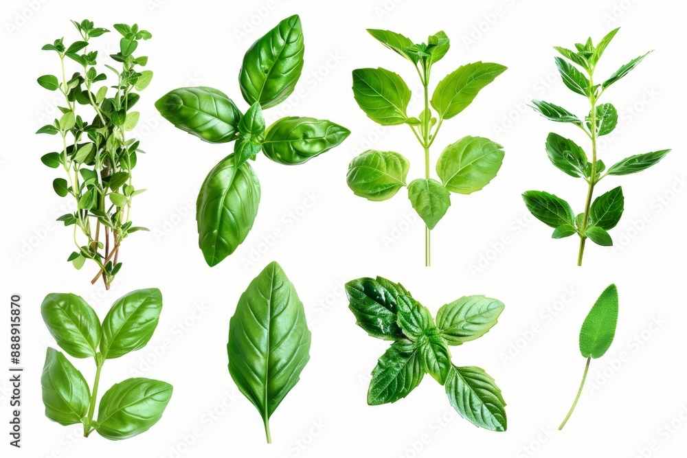 Fresh herbs set isolated, parsley, basil leaves, thyme, mint seasoning, raw green condiment sprig collection