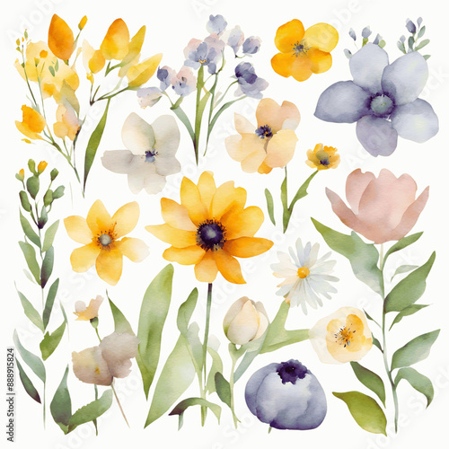 Spring Flowers Clipart Set with Watercolor Texture on Plain White Background - 1