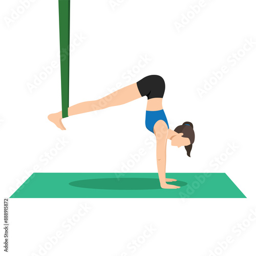 Woman doing Handstand Pose Prep Aerial or Adho Mukha Vrksasana Prep Aerial yoga exercise. Flat vector illustration isolated on white background