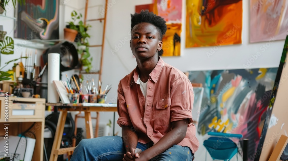 A young man sits in a room with paintings on the walls A young man sits in a room with paintings on the walls