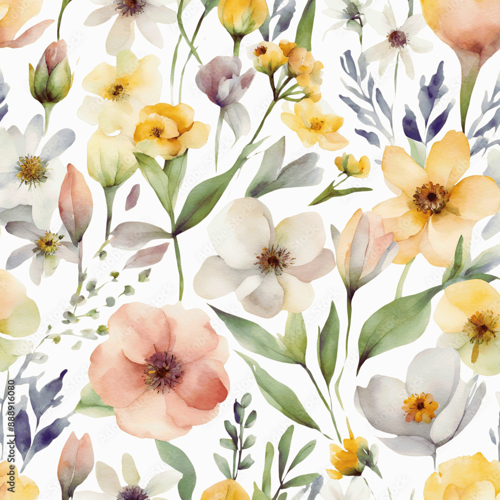 Obraz premium Spring Flowers Clipart Set with Watercolor Texture on Plain White Background - 1