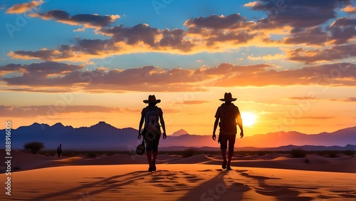 Sun sets over the desert landscape, a traveller' silhouette a striking contrast against the vibrant colors of the sky