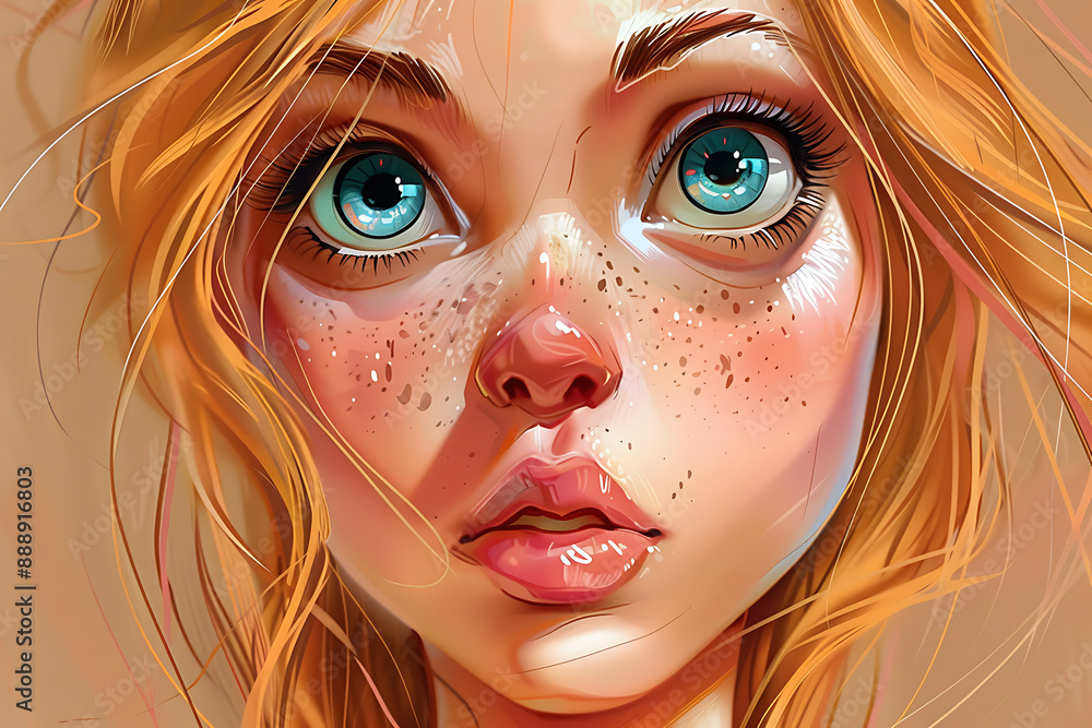 Cartoon style illustration of a girl's face, featuring expressive features and playful colors, capturing a fun and whimsical design Cartoon style illustration of a girl's face, featuring expressive features and playful colors, capturing a fun and whimsical design