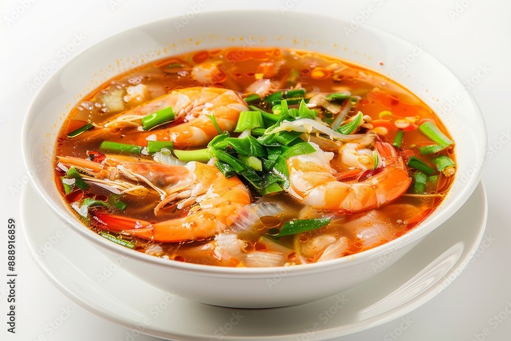 Hot Transparent Soup with Seafood in White Plate Isolated. Sour Spicy Bouillabaisse, Tom Yam, Miso Hot Transparent Soup with Seafood in White Plate Isolated. Sour Spicy Bouillabaisse, Tom Yam, Miso