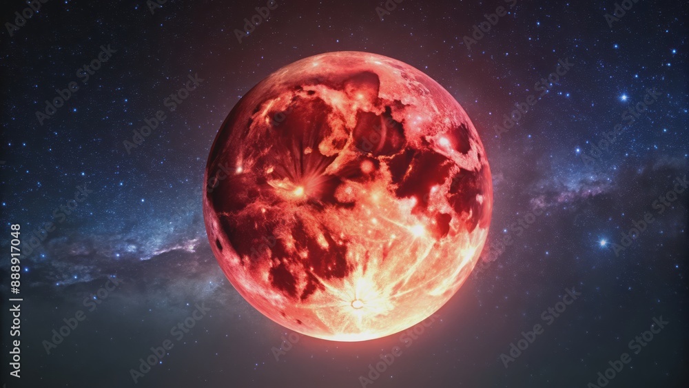 Vibrant crimson moon suspended solo in dark starry night sky with subtle lunar texture and faint celestial glows. Vibrant crimson moon suspended solo in dark starry night sky with subtle lunar texture and faint celestial glows.
