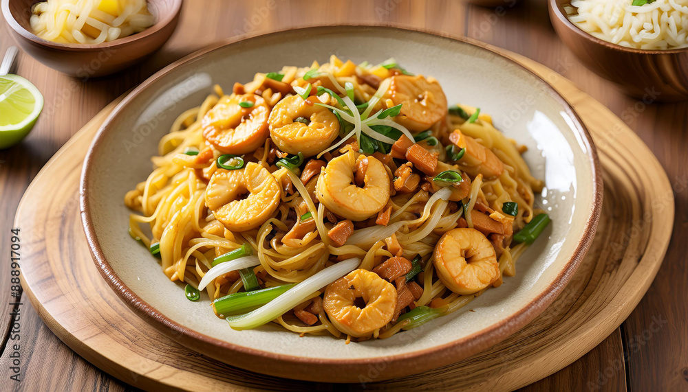 A dynamic shot of Char Kway Teow, a stir-fried flat noodle dish with prawns, Chinese sausage, and bean sprouts, capturing its rich flavors and textures. A dynamic shot of Char Kway Teow, a stir-fried flat noodle dish with prawns, Chinese sausage, and bean sprouts, capturing its rich flavors and textures.