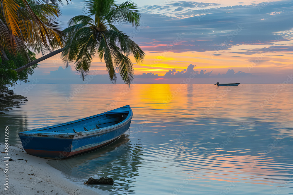 Tropical Island Sunrise with Palm Trees and Reflections on Calm Ocean Water during Colorful Dawn Tropical Island Sunrise with Palm Trees and Reflections on Calm Ocean Water during Colorful Dawn