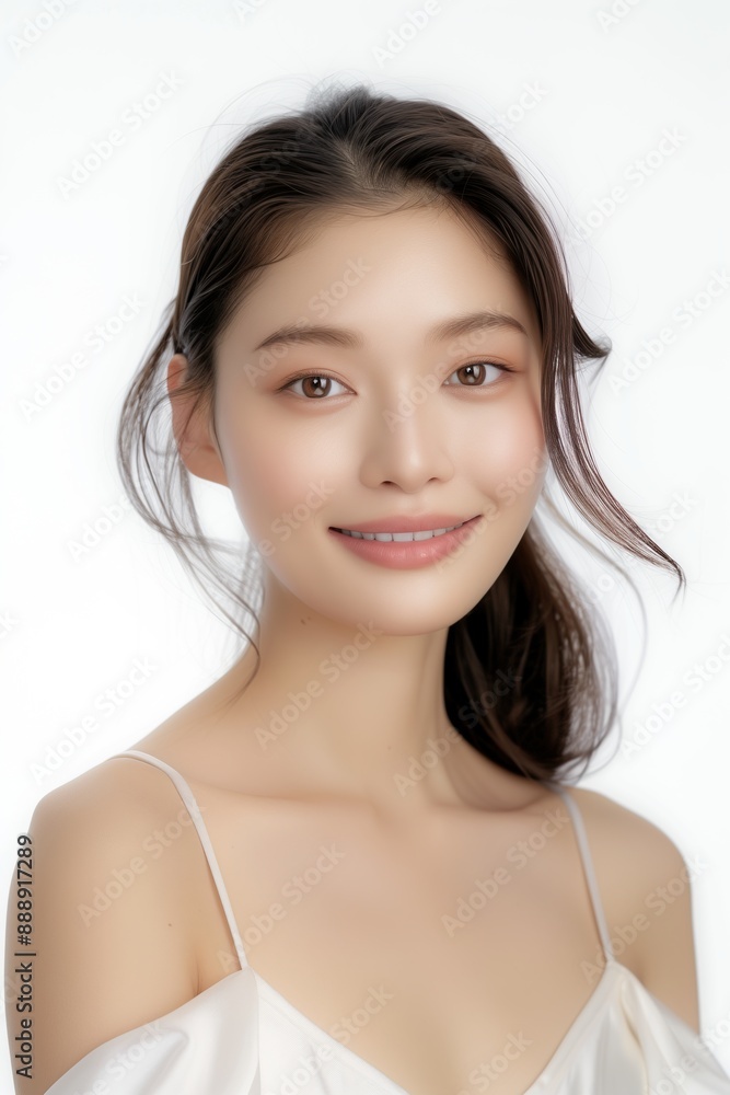 An asian beauty model smile pose in front of a white background An asian beauty model smile pose in front of a white background