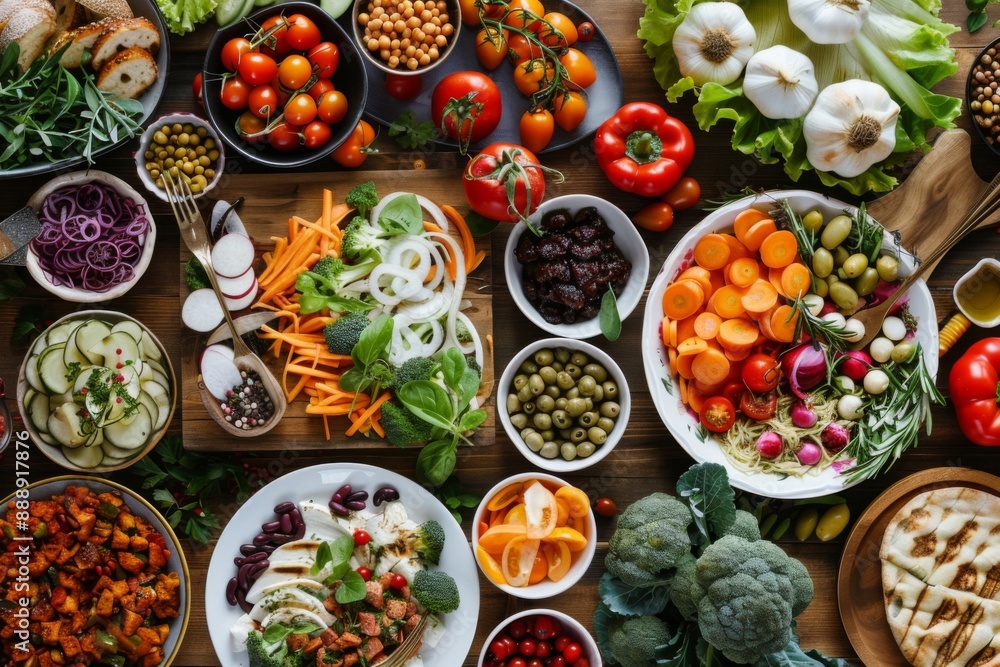 Vegetarian feast with a variety of colorful, beautifully plated vegetable dishes, modern and inviting Vegetarian feast with a variety of colorful, beautifully plated vegetable dishes, modern and inviting
