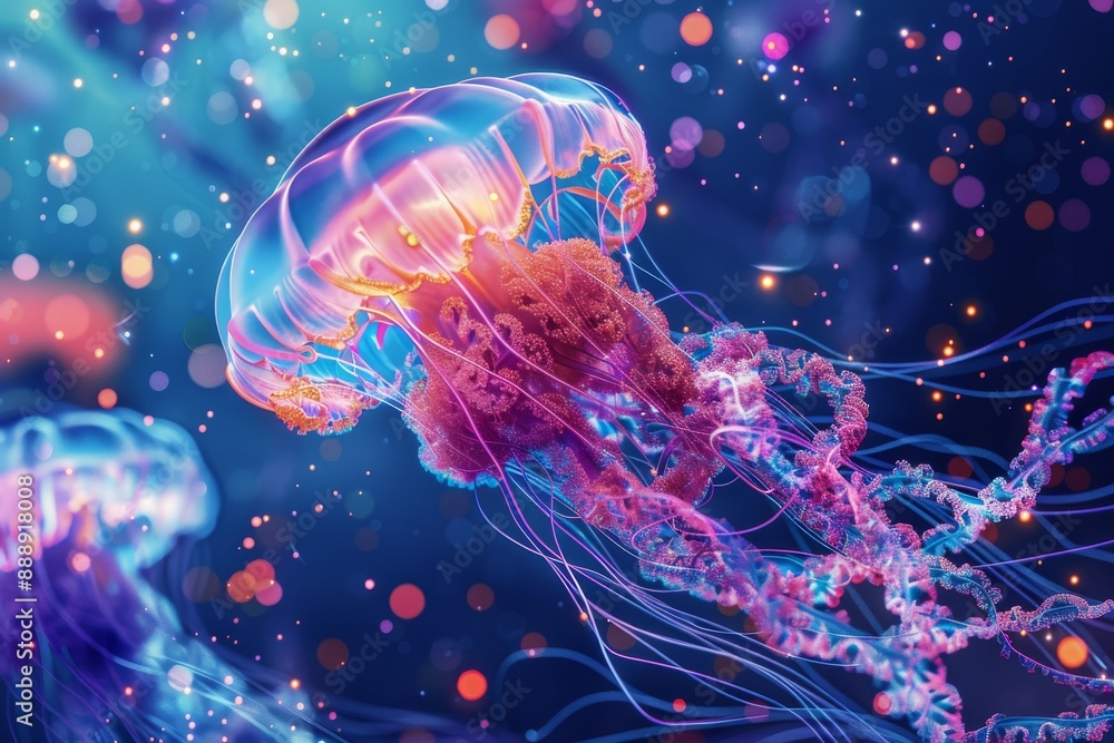 Naklejka premium Fantasy Glowing Jellyfish, Bright Underwater Creature, Abstract Jelly Fish, Neon Animals