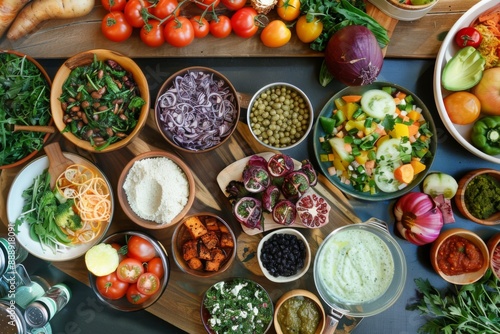 Healthy vegan dishes artfully arranged on a minimalist table, vibrant and fresh ingredients highlighted photo