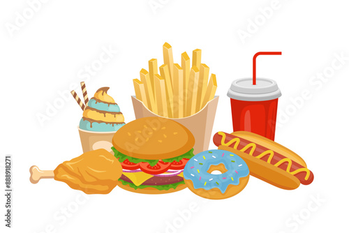 collection of junk food elements in flat style