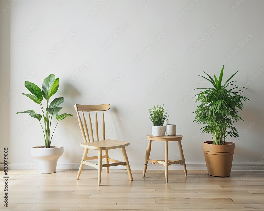 Serene minimalist interior scene featuring a solitary wooden chair, paired with two lush potted plants, set against a pristine white background, evoking calmness and simplicity. Serene minimalist interior scene featuring a solitary wooden chair, paired with two lush potted plants, set against a pristine white background, evoking calmness and simplicity.