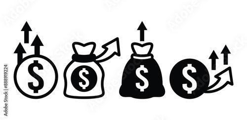 capital appreciation moeny coin bag icon symbol sign vector design black white color simple illustration collection set