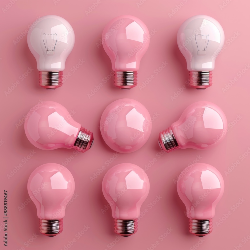 Pink light bulbs, lamp icon set, lightbulbs isolated, render style minimal light bulbs, creativity idea Pink light bulbs, lamp icon set, lightbulbs isolated, render style minimal light bulbs, creativity idea
