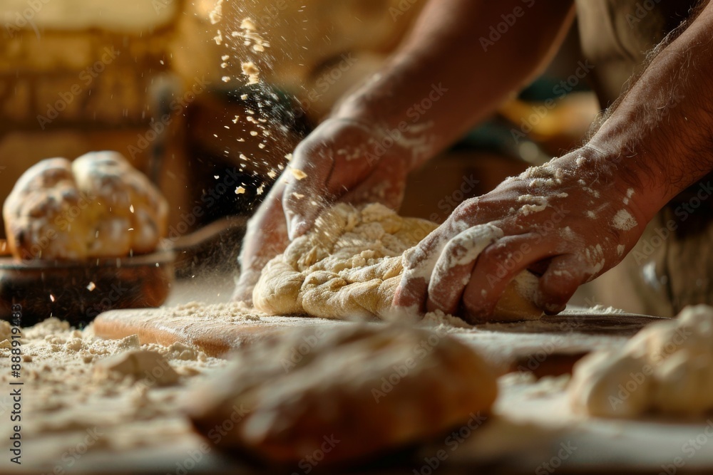 Artisan baking process with close-up of hands kneading dough, warm lighting and rich textures