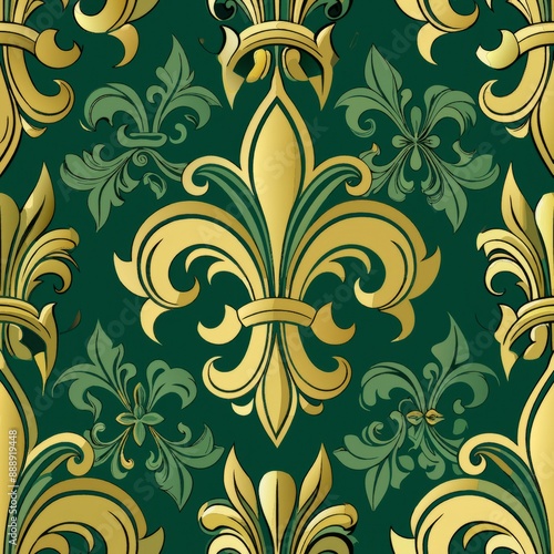 seamless pattern of vintage fleur-de-lis with scrollwork, Generative AI