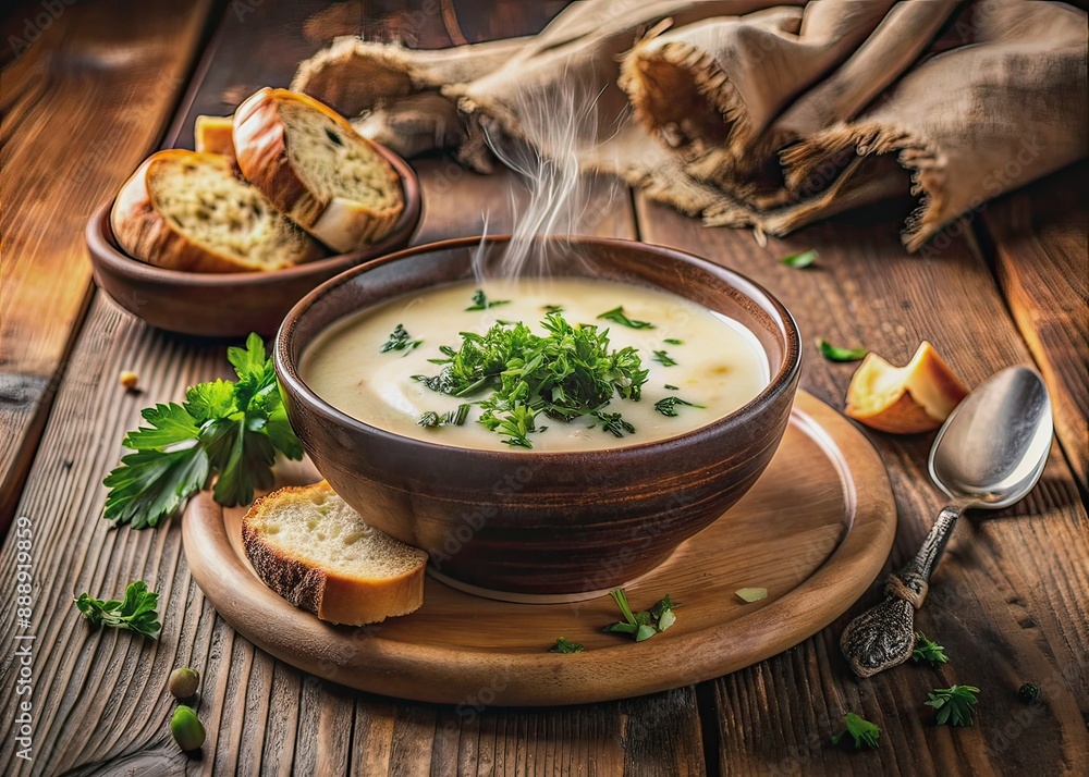 Steaming hot bowl of creamy soup placed on a rustic wooden table, garnished with fresh herbs and crusty bread, inviting warmth on a cozy day. Steaming hot bowl of creamy soup placed on a rustic wooden table, garnished with fresh herbs and crusty bread, inviting warmth on a cozy day.