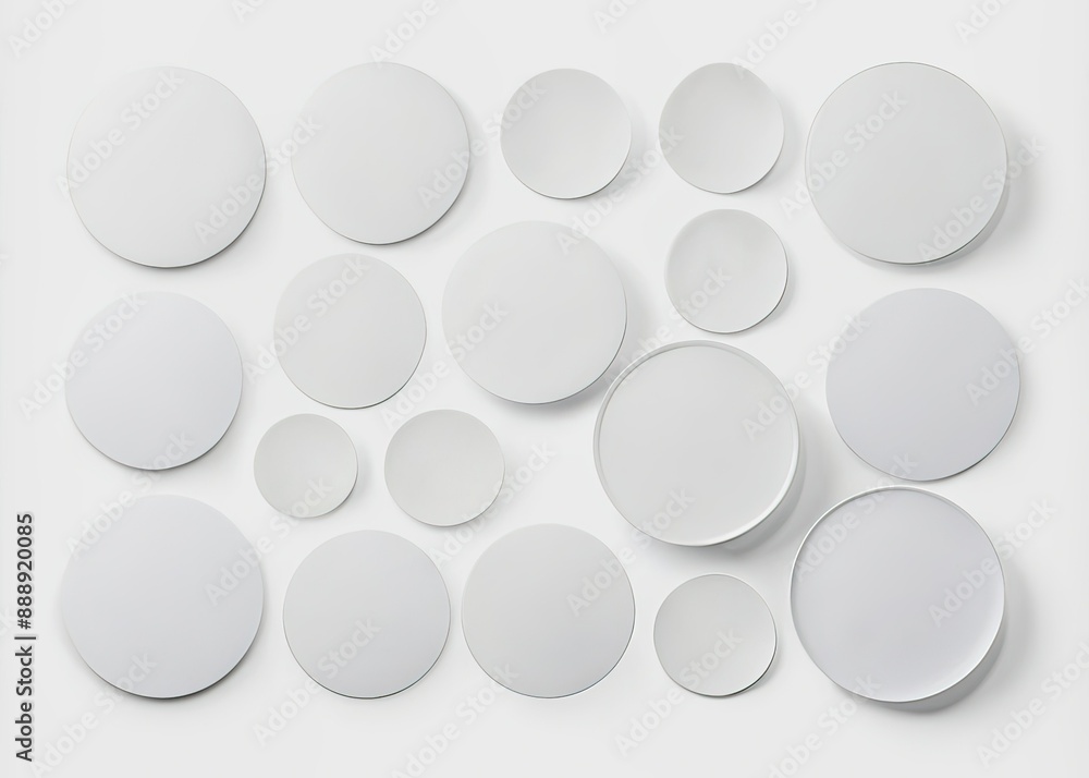 A collection of blank white round paper sticker labels with varying sizes and orientations, isolated on a pure white background with transparent clipping path. A collection of blank white round paper sticker labels with varying sizes and orientations, isolated on a pure white background with transparent clipping path.