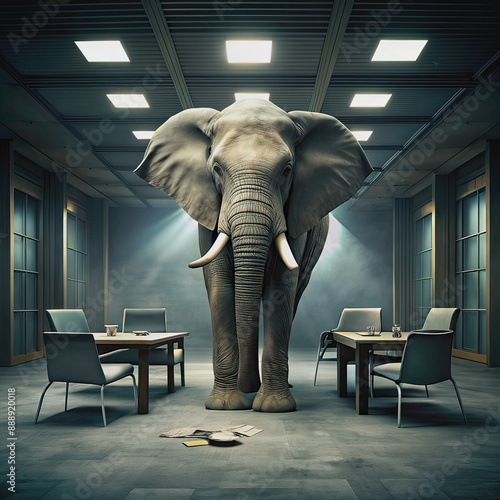 A large grey elephant stands alone in a dimly lit, worn-out conference room, surrounded by empty chairs and untouched papers, conveying uncomfortable evasion. photo