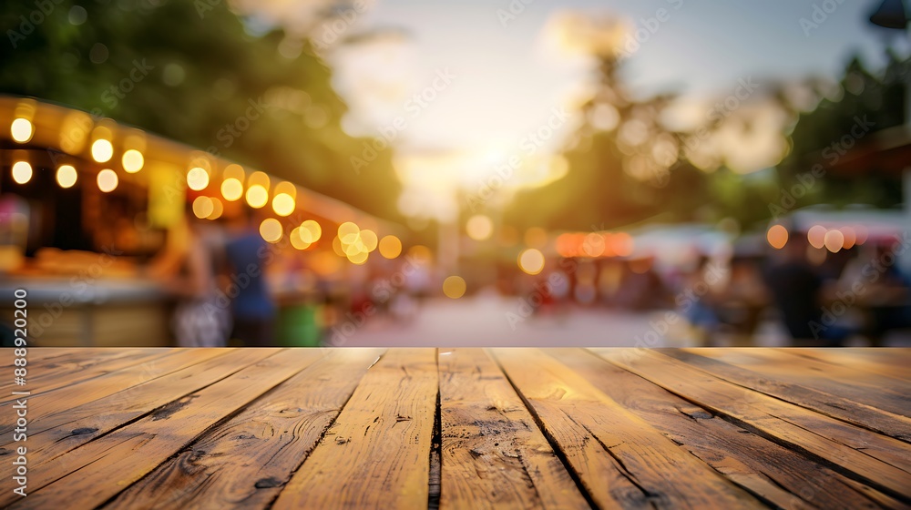 A simple, minimalistic wood table top with a vibrant, colorful abstract blur of a food truck festival in the background, using warm sunset tones A simple, minimalistic wood table top with a vibrant, colorful abstract blur of a food truck festival in the background, using warm sunset tones