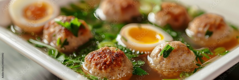 Chicken Soup with Meatballs, Clear Sturdy Seasoned Broth with Turkey Meat Balls, Boiled Quail Egg Chicken Soup with Meatballs, Clear Sturdy Seasoned Broth with Turkey Meat Balls, Boiled Quail Egg